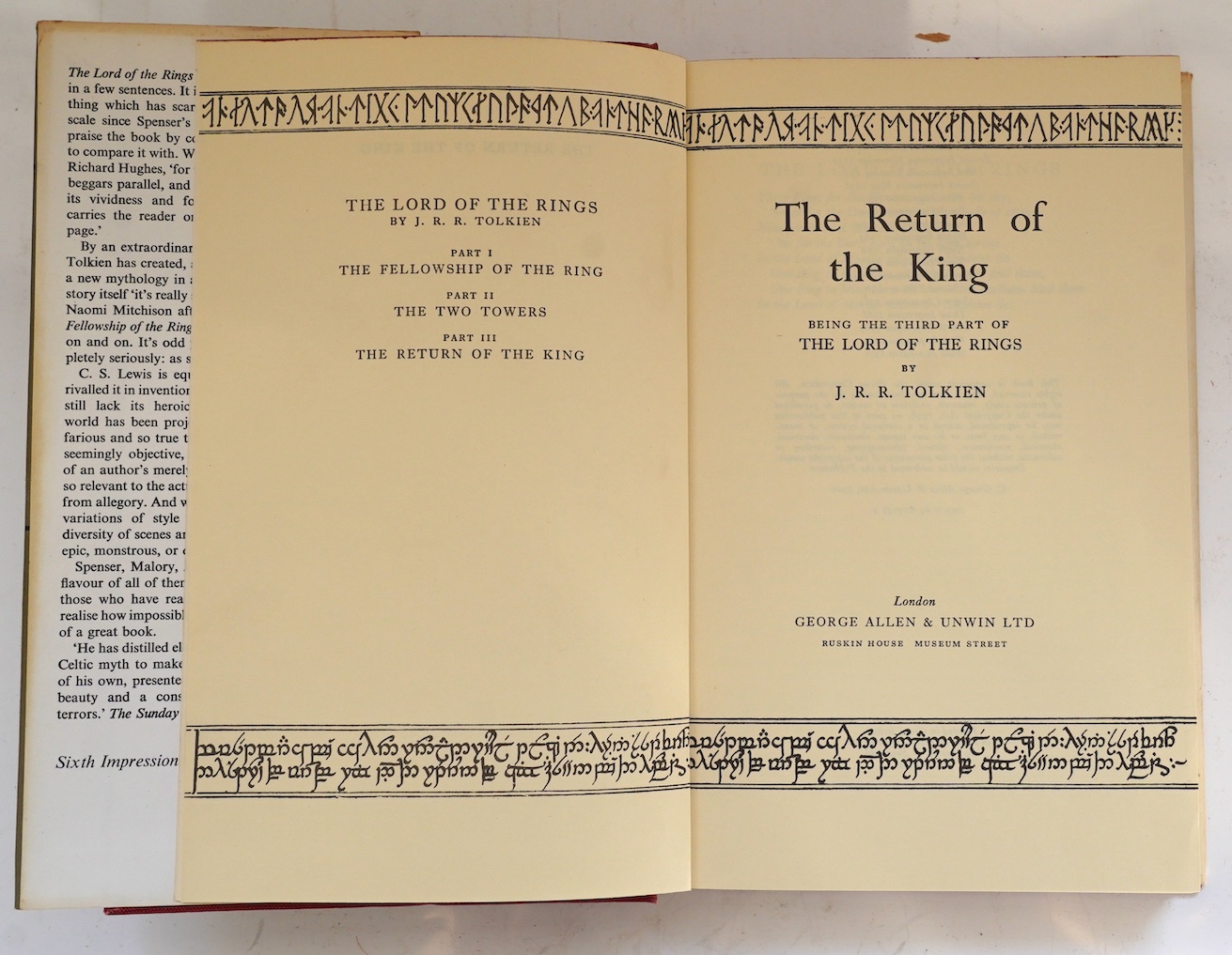 Tolkien, J.R.R. - The Lord of the Rings. 2nd edition, 6th impression, 3 vols. text map and 3 folded maps (all with outline colour); publisher's cloth and d/wrappers. 1971; sold with: Hemingway, Ernest - Across the River